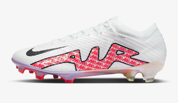 Nike Zoom Mercurial Vapor 15 Elite product image of a white boot with "Air" printed in red along the side with a black outline.