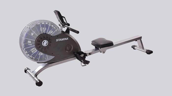 Best rowing machine under 500 Stamina product image of a silver and black, air-driven machine.