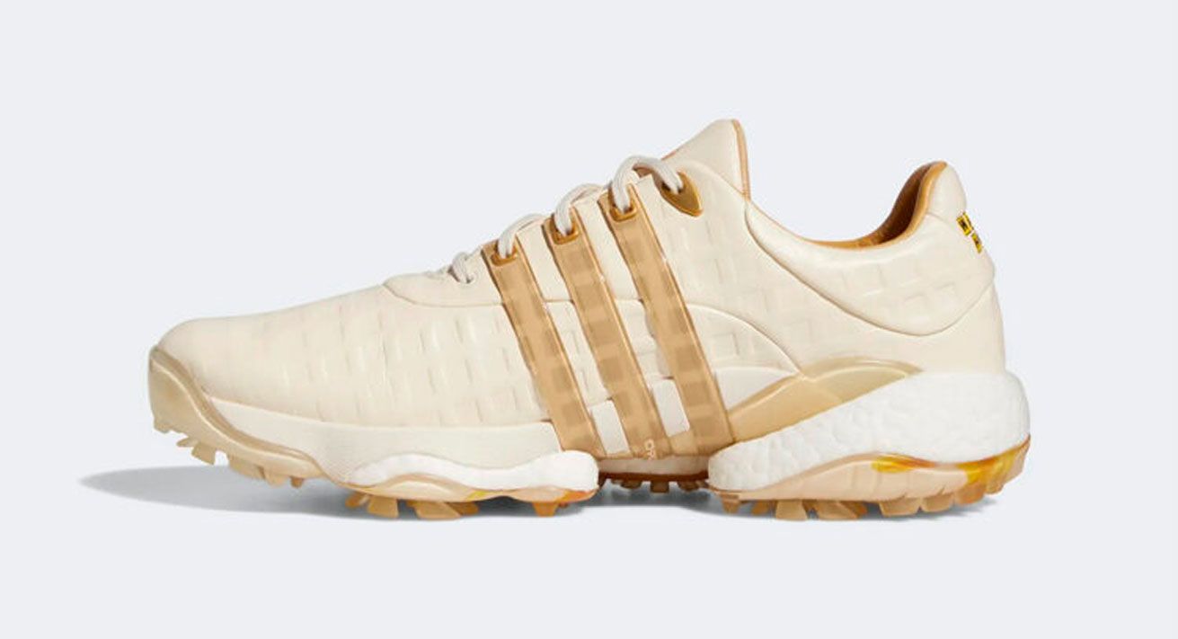 adidas Tour360 22 "Waffle House" product mage of a cream and golden beige golf shoe.