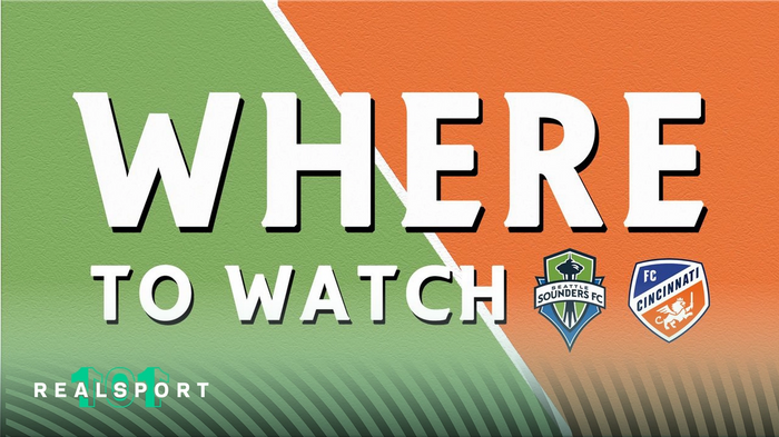 Seattle Sounders and FC Cincinnati badges with Where to Watch text