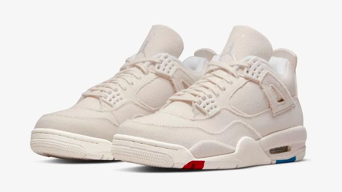 Best Air Jordan 4 colorways "Blank Canvas" product image of a sail fabric sneaker with red and blue accents.