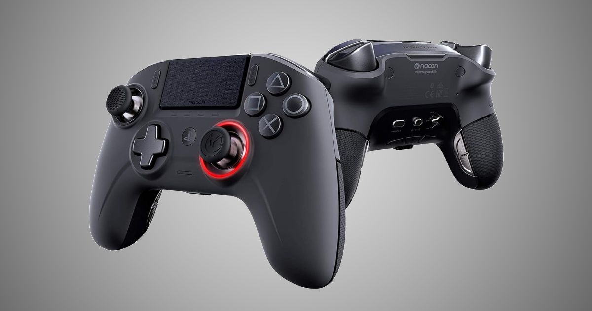 Nacon Revolution Unlimited Pro product image of a black controller with a red light around the right thumbstick.