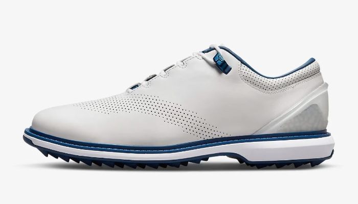 Best golf shoes Jordan ADG 4 product image of a white low-top shoe with blue accents.