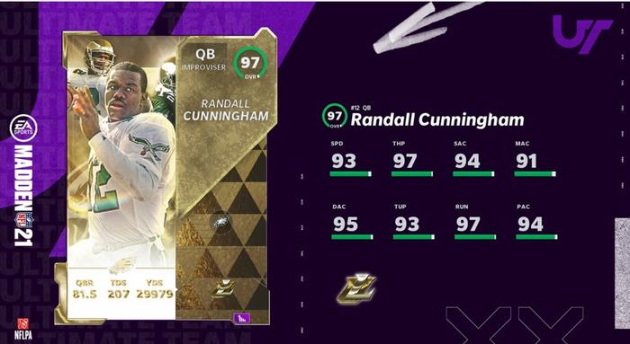 Randall Cunningham Madden ultimate team 21 card