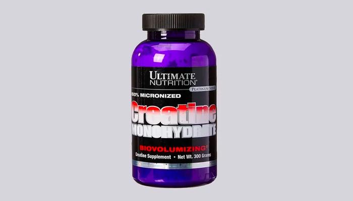 Ultimate Nutrition product image of a purple bottle of creatine monohydrate.