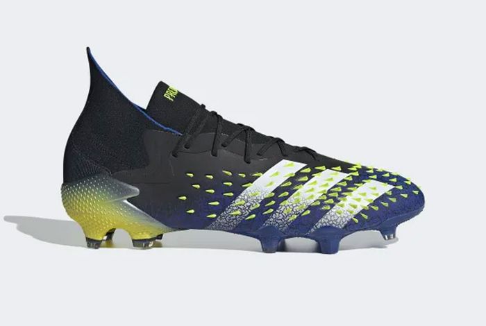 Best football boots adidas product image of a blue, black and yellow boot.