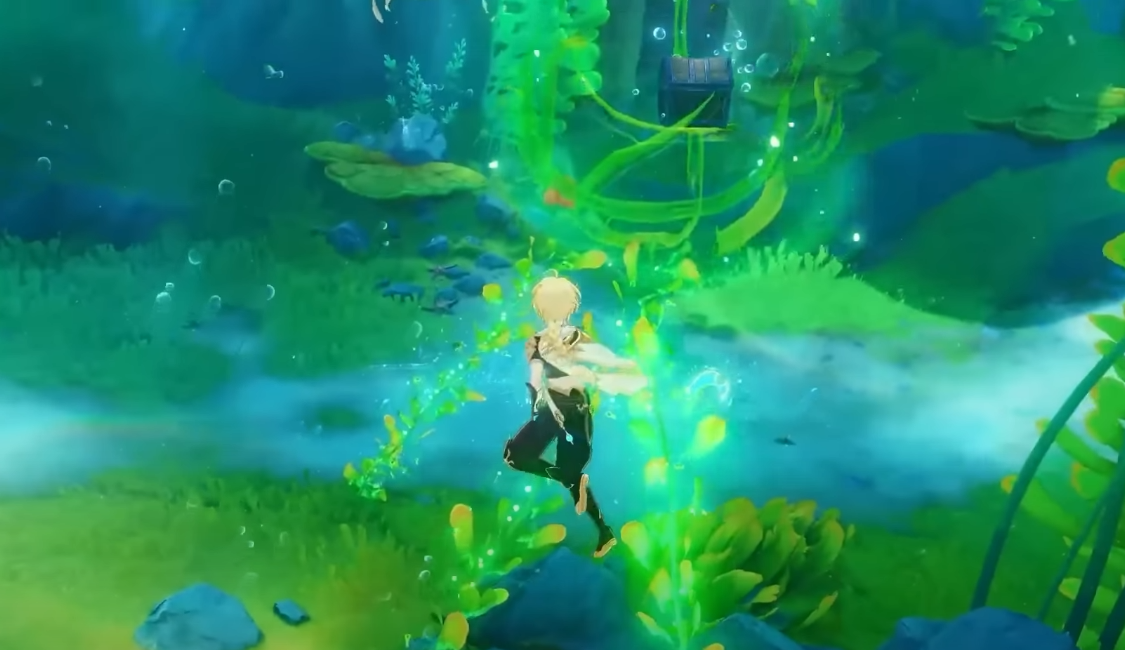 A screenshot of Aether diving in the Genshin Impact 3.8 Livestream Fontaine teaser
