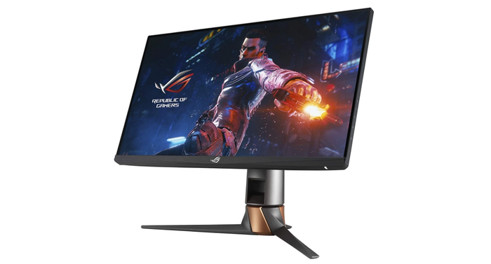 Best monitor for Battlefield 2042 ASUS product image of a monitor with a republic of gamers logo on the display and a video game character.