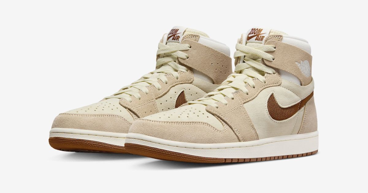 Jordan 1 High Zoom CMFT 2 "Legend Coffee" product image of sail and pale brown high-tops featuring off-white midsoles, branding, and brown Swooshes down the sides to match the outsoles.