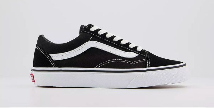 Vans Old Skool product image of a black sneaker with white details, laces, and midsole.