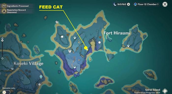 Map with the location of a cat that needs food in Genshin Impact