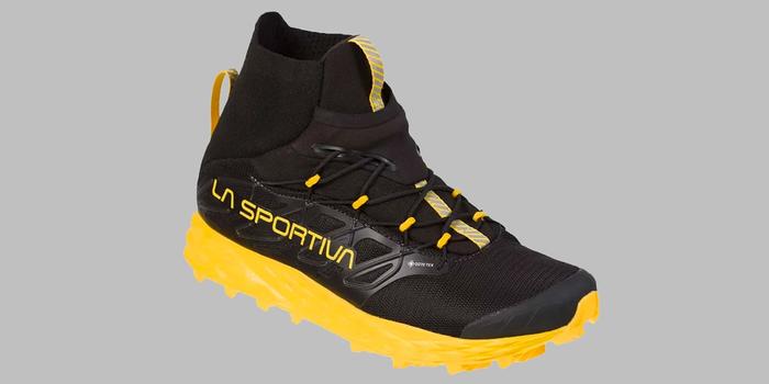 Best Winter running shoes La Sportiva product image of a single black shoe with yellow details and accents.