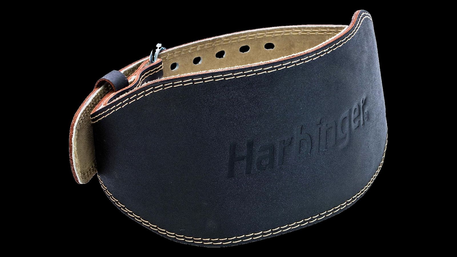 Harbinger Weightlifting Belt product image of a black leather belt with a brown inner lining.