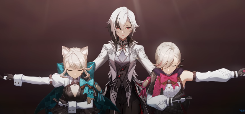 A screenshot of Genshin Impact Arlecchino, Lyney, and Lynette in the Fontaine Overture Teaser: The Final Feast