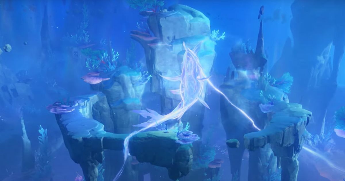 A screenshot of Scylla bound in chains underwater in Genshin Impact.