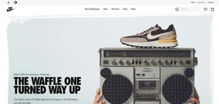 Nike website image with the brands 50th anniversary advertised.