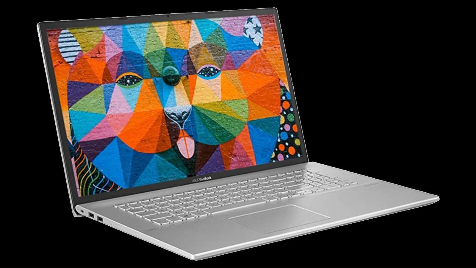 ASUS VivoBook X712EA product image of a silver laptop with a mural of a multicoloured lion on its display.