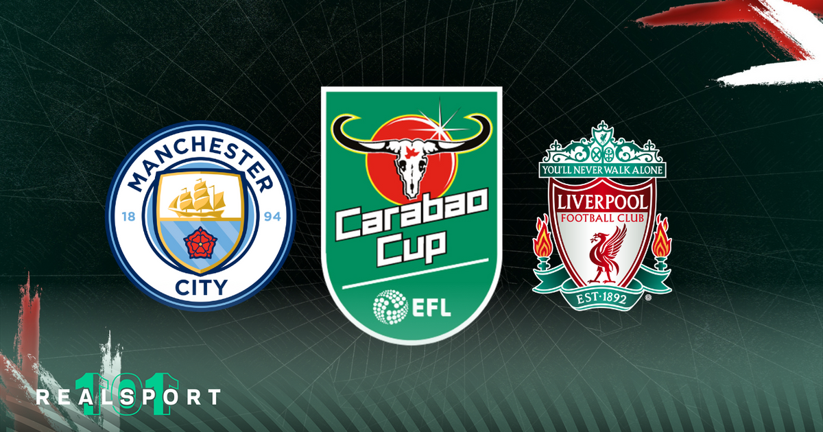 Manchester City and Liverpool badges with Carabao Cup logo and dark background