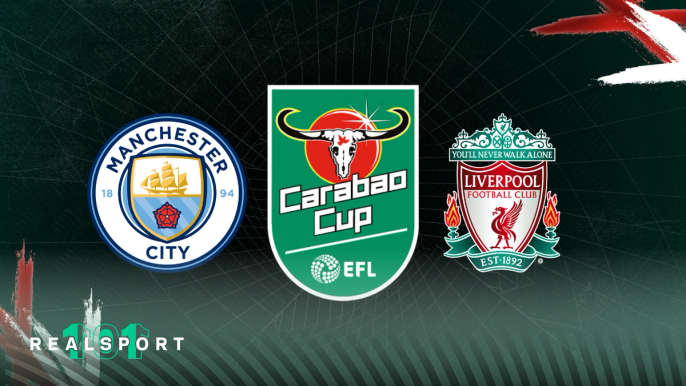 Manchester City and Liverpool badges with Carabao Cup logo and dark background