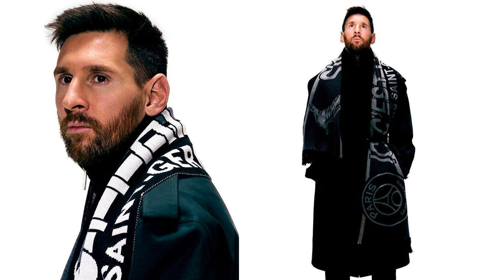Paris Saint-Germain x GOAT People of Paris collection image of Messi wearing a green overcoat and a black and white PSG scarf.