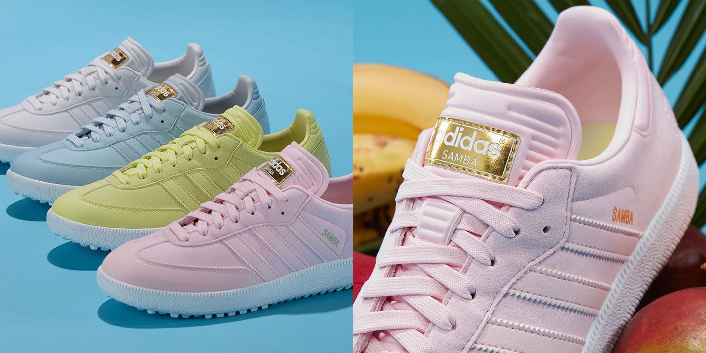 adidas Samba Golf product image of halo blue, clear pink, pulse yellow, and crystal white shoes next to each other, with a close-up shot of the clear pink colourway.