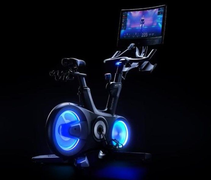 Echelon EX-8s Connect product image of a black framed bike with blue LED lights.