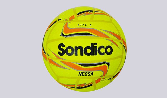 Best footballs Sondico product image of a yellow soft ball with orange details and a black Sondico logo