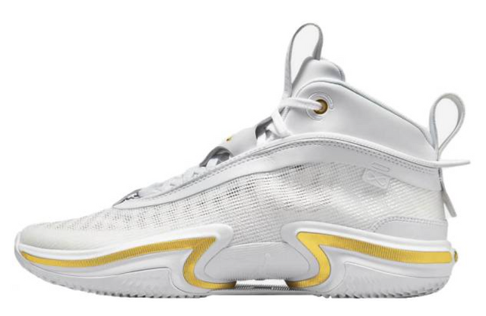 Nike Air Jordan basketball shoe product image of a singular white and gold sneaker