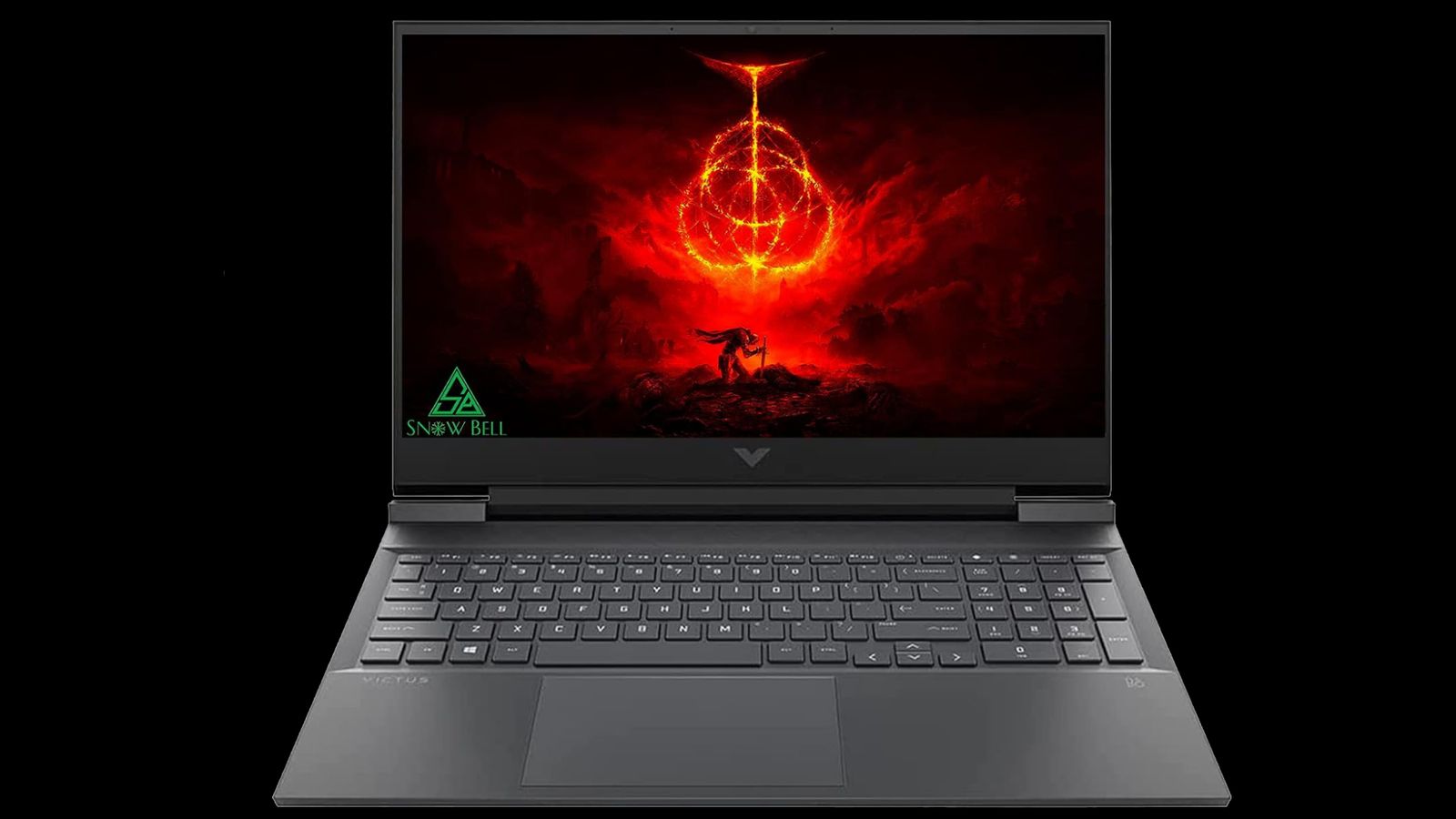 HP Victus 16 product image of a black laptop featuring a fantasy character pulling a weapon out of a stone in front of a red symbol on the display.