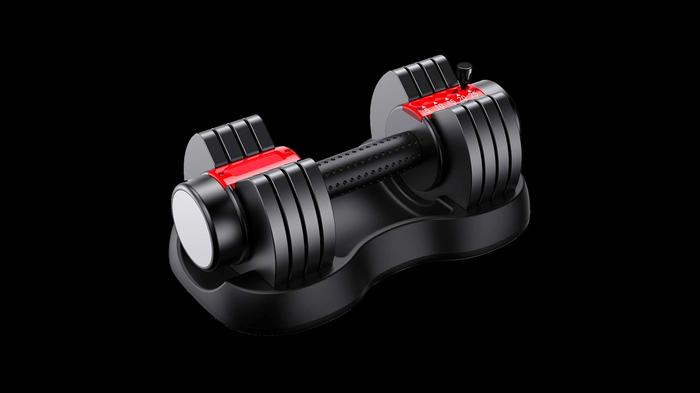 Best Adjustable Dumbbells Hhusali product image of a black and red dumbbell in a stand.