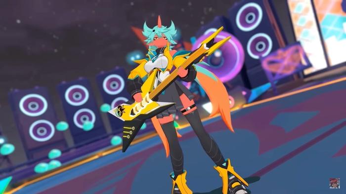 A screenshot of Vyce from her promotional trailer in Omega Strikers. 