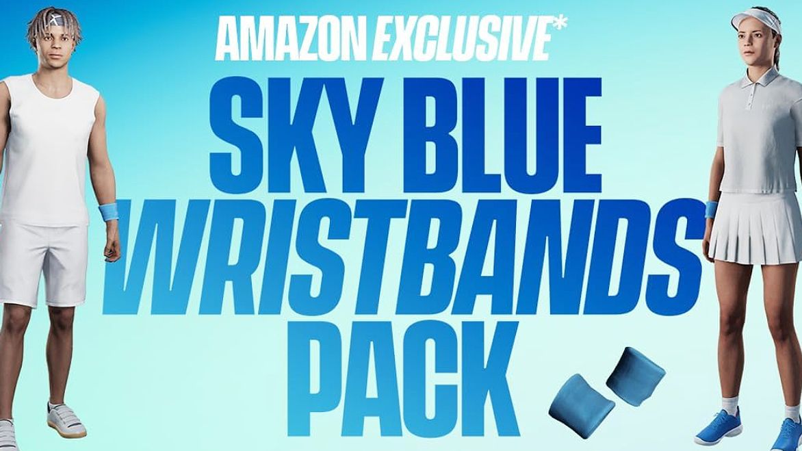 Two characters from TopSpin 2K25 dressed in white with blue wristbands on sandwiching the Amazon Exclusive logo in white along with the Sky Blue DLC logo in blue.