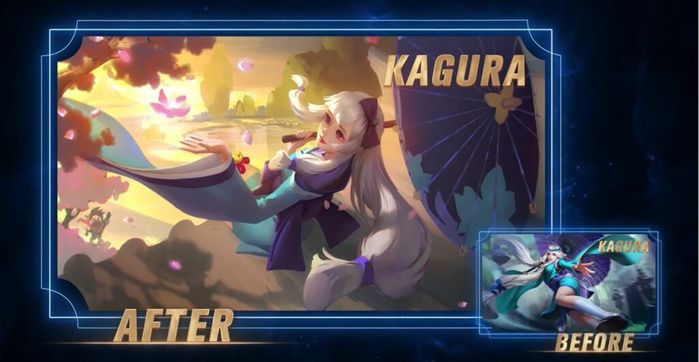 A before and after comparison of hero Kagura in Mobile Legends