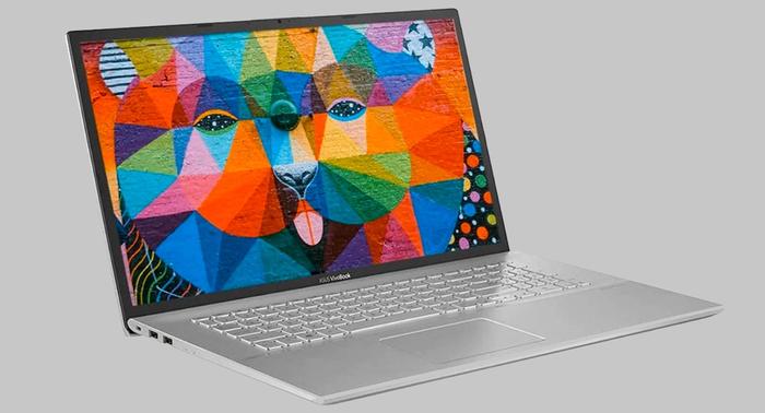 Best laptop for Football Manager 2022 ASUS product image of a silver laptop with a mural of a multicoloured lion on its display.