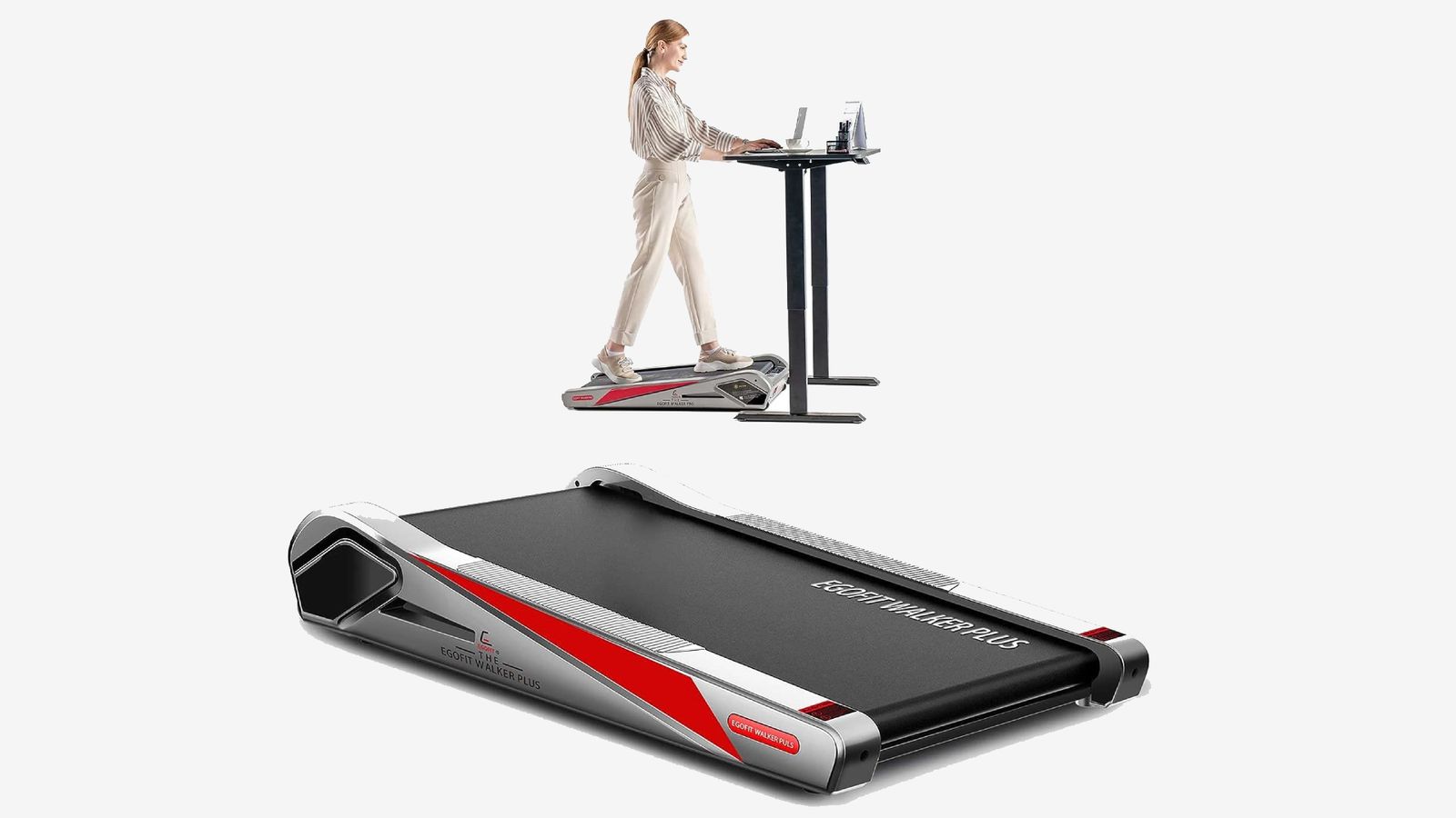 Egofit Pro M1 product image of a silver, black, and red treadmill, while in the background someone wearing white using it with the stand up.