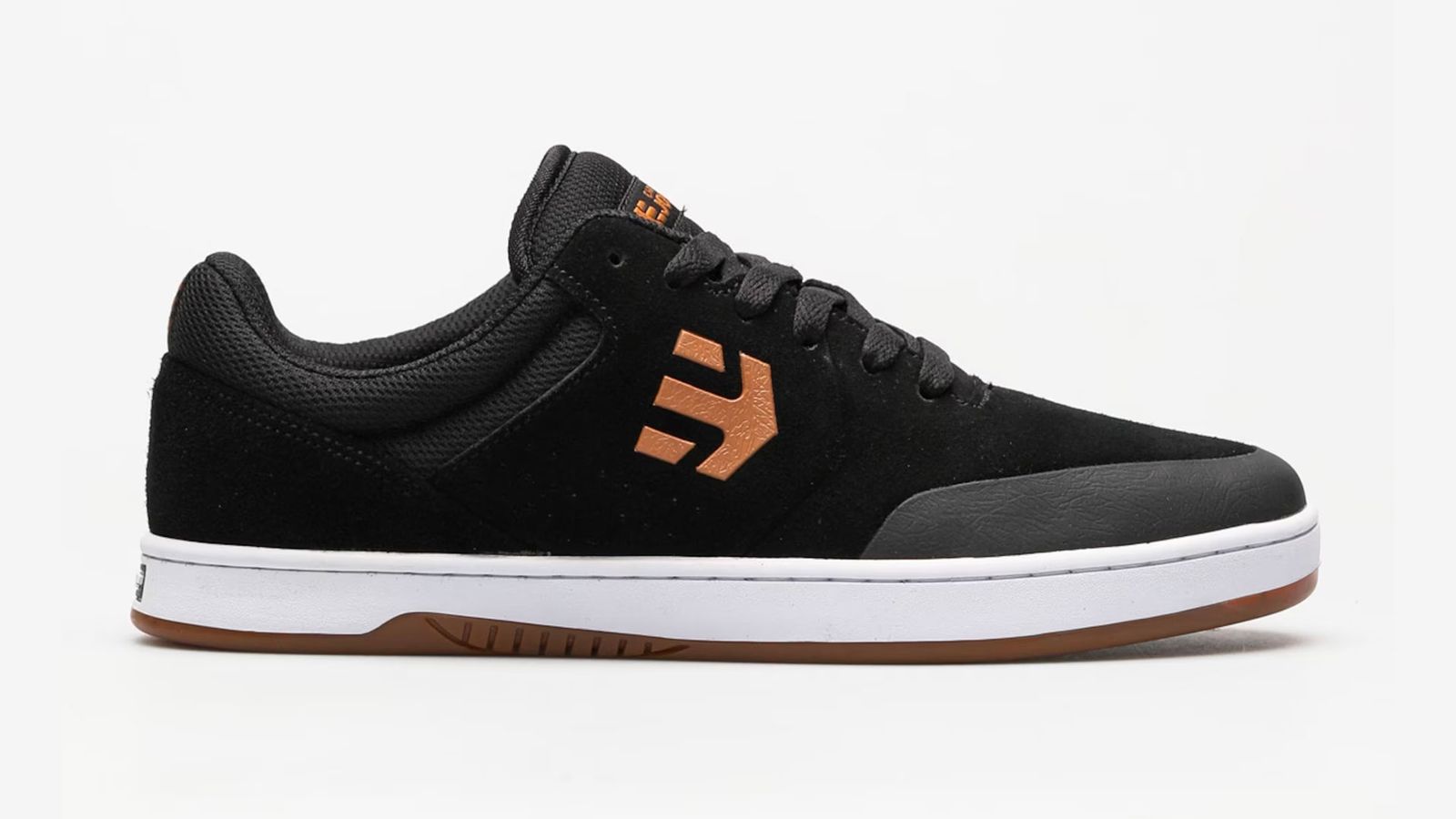 etnies Marana Michelin product image of a black sneaker with a white midsole and tan accents.