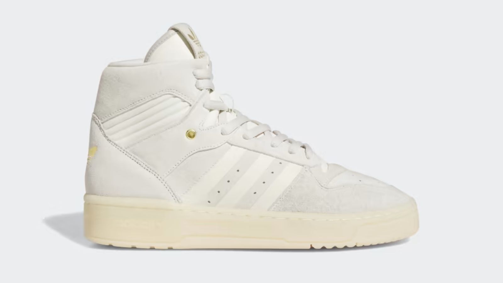 adidas Rivalry High "Cream White" product image of an off-white and cream high-top with a pre-yellowed midsole.