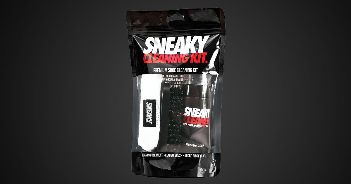 A black packet with a clear front showcasing sneaker cleaning products. The packet itself features red and white branding.