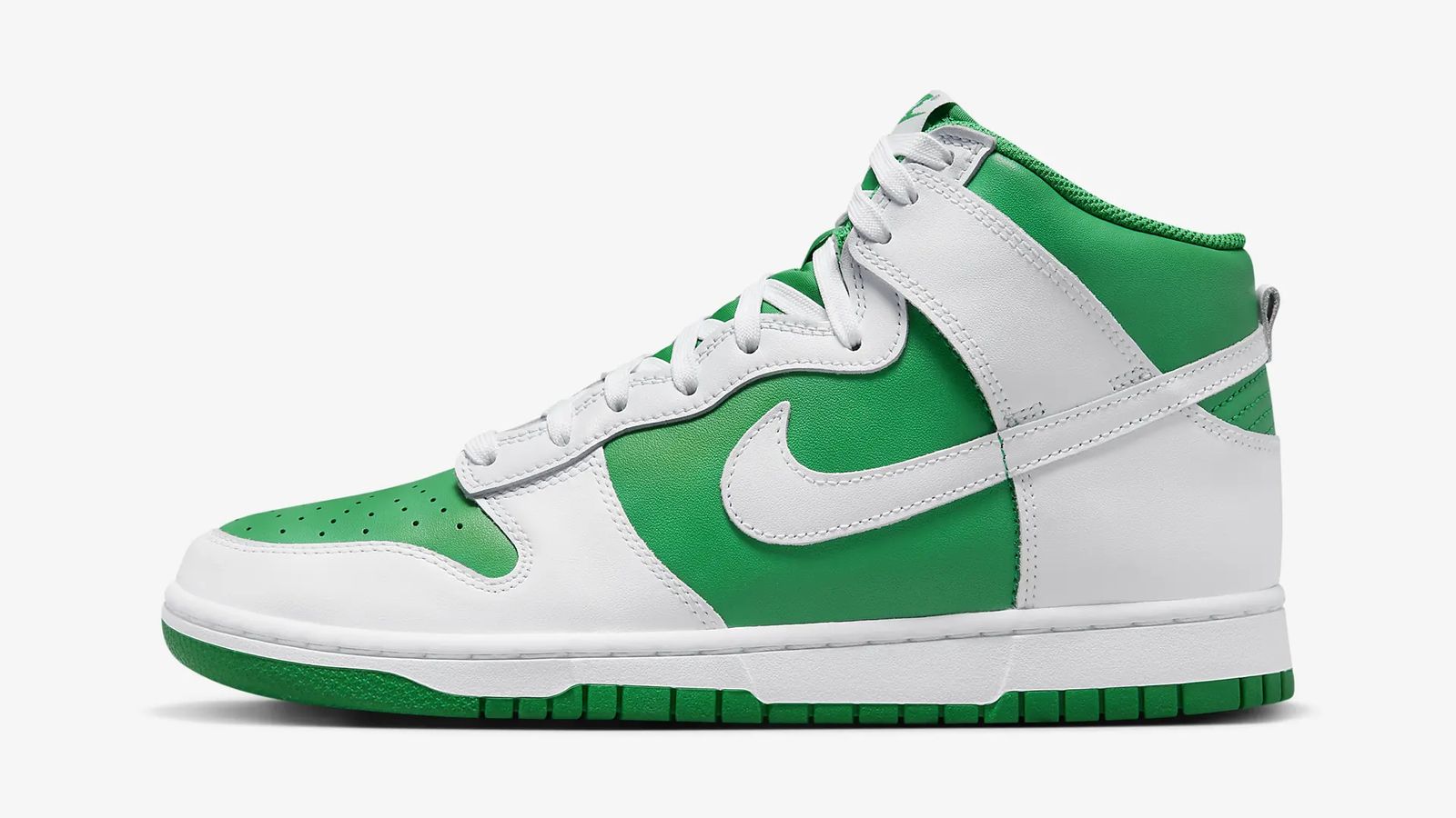 Nike Dunk High "Stadium Green" product image of a white and green leather Nike Dunk high-top.