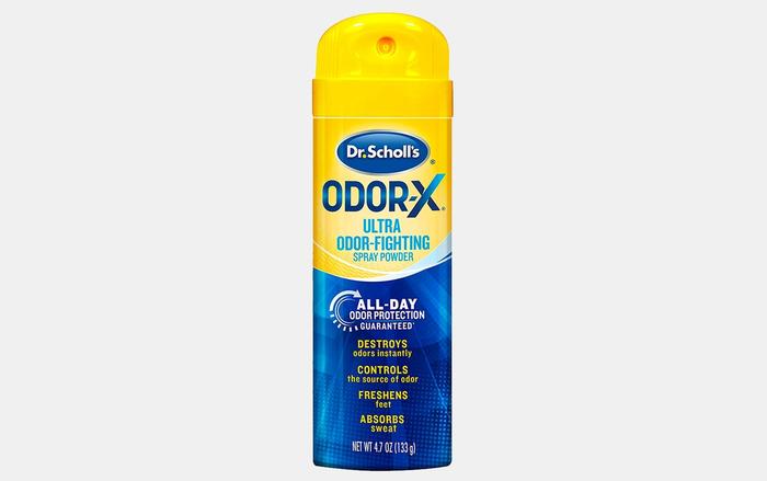 Best shoe deodorizer Dr. Scholl’s product image of a blue and yellow can.