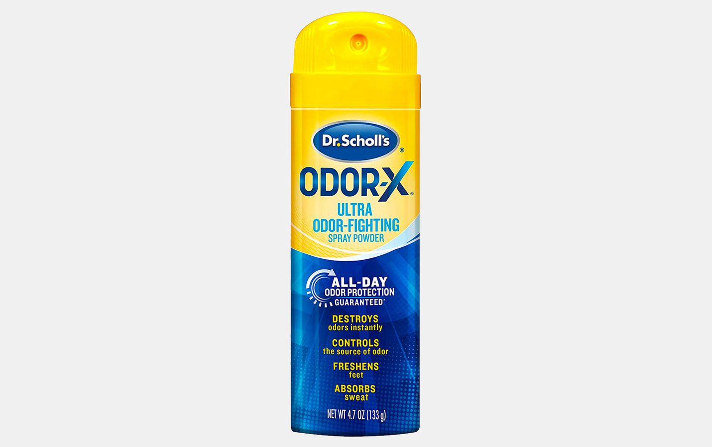 Dr. Scholl’s Odor-X product image of a blue and yellow can.
