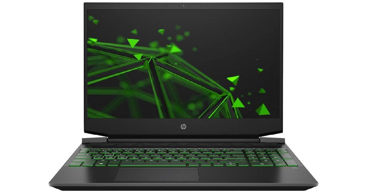 HP Pavilion Gaming 15 product image of a black laptop with green backlit keys.