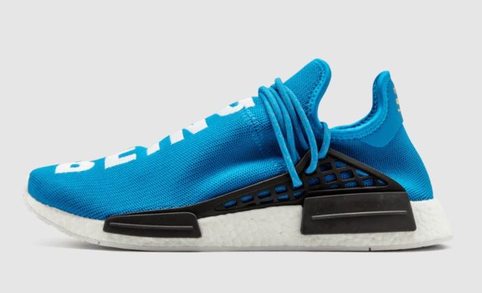Pharrell x adidas Hu NMD Being Sharp Blue product image of a blue knitted sneaker with a white midsole and black details.