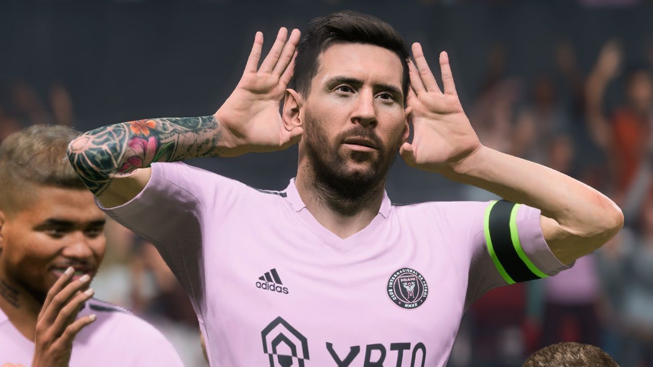 EA FC 24 in-game image of Lionel Messi celebrating with his hands behind his ears in a pink Inter Miami shirt.