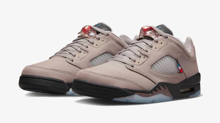 Best Jordan collabs PSG x Air Jordan 5 Low product image of a plum-coloured sneaker with a black midsole and French flag-themed accents.
