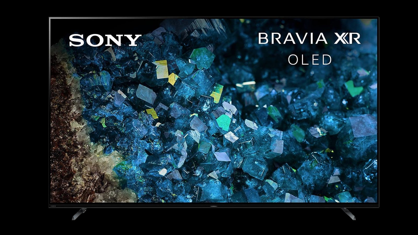 Sony Bravia XR A80L product image of a black near-frameless TV with an image of blue crystals on the display.