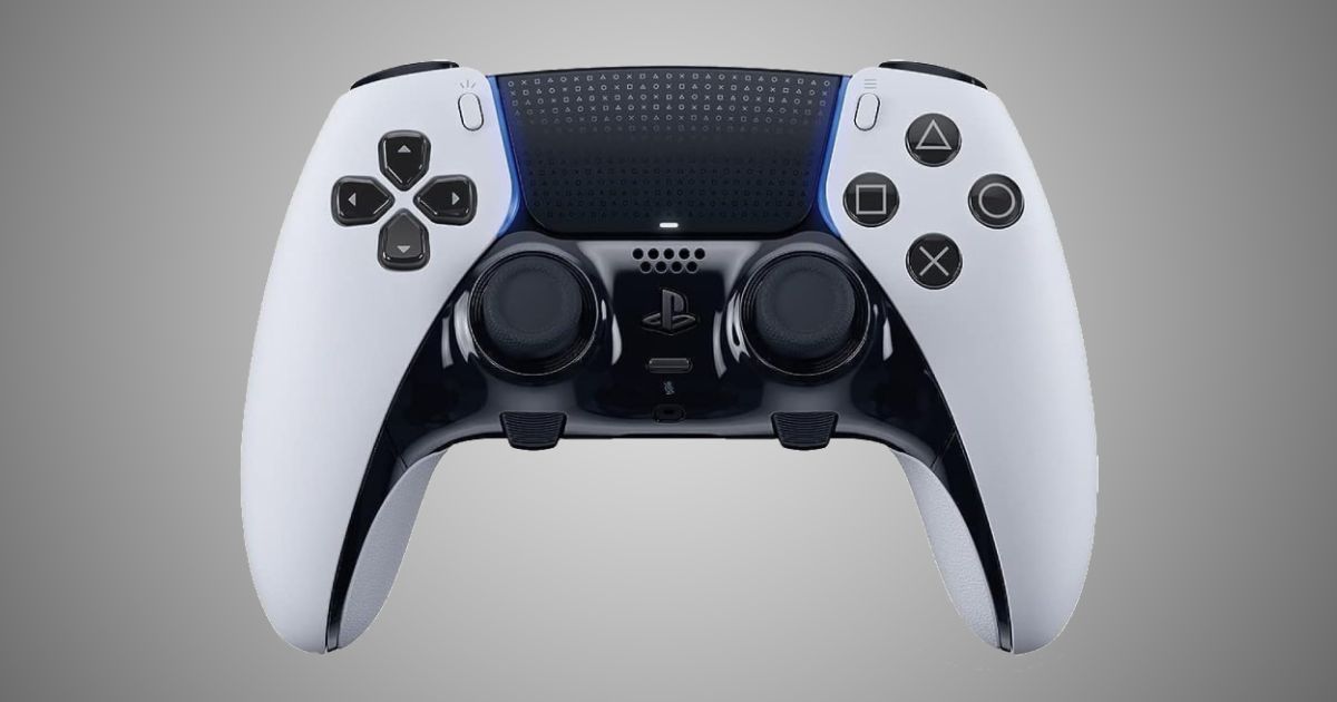 Sony DualSense Edge product image of a white and black gamepad featuring blue lighting.