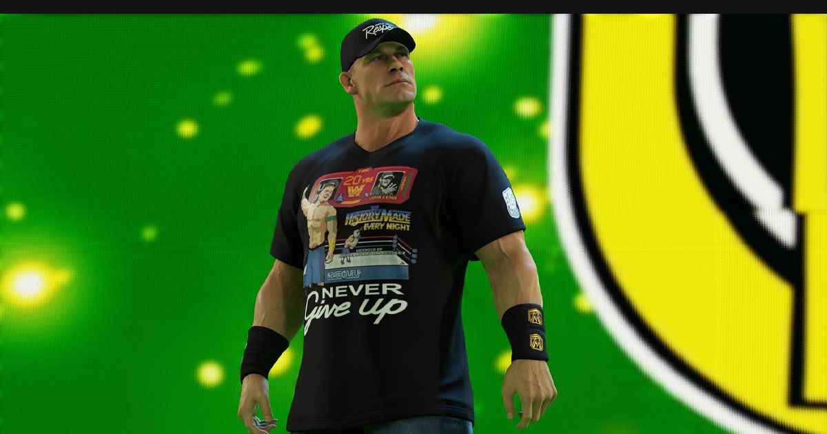 John Cena in WWE 2K23 wearing a black t-shirt, hat, and sweatbands while making his entrance.