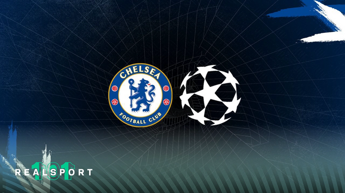 Chelsea badge and Champions League logo on blue background
