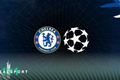 Chelsea badge and Champions League logo on blue background